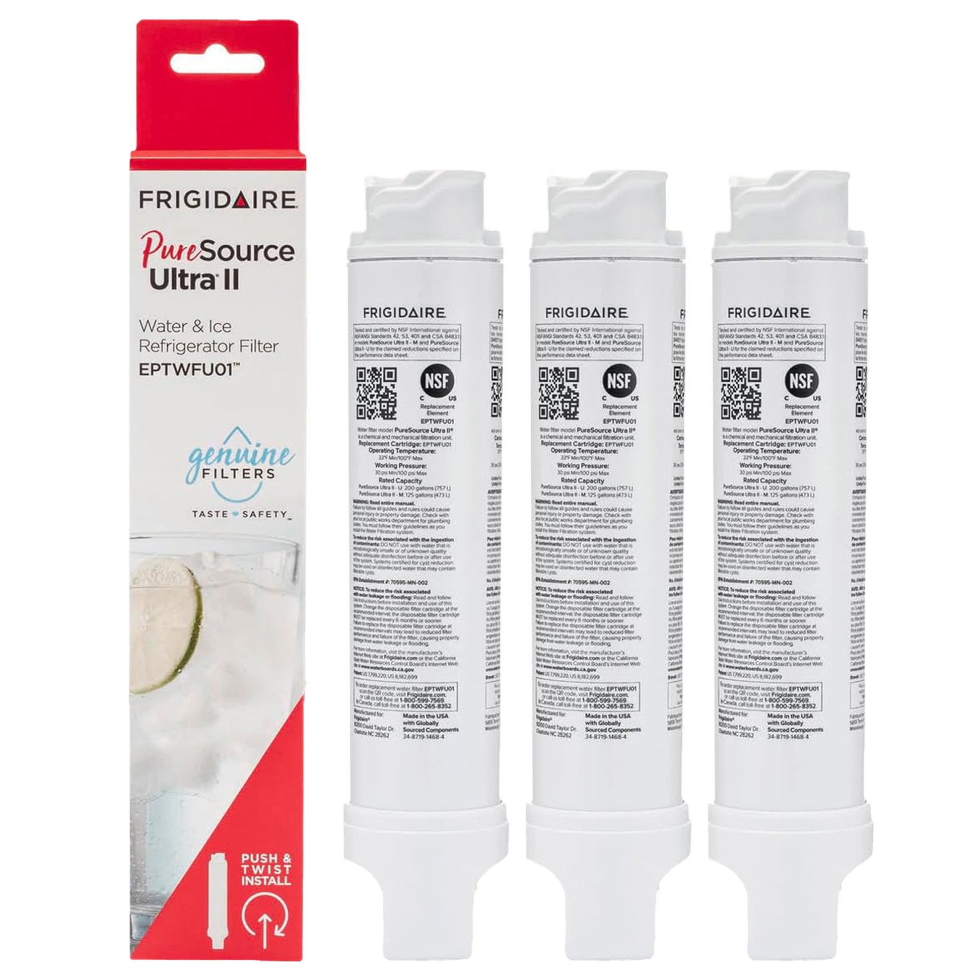 3-Pack Frigidaire EPTWFU01 Water Filter – PureSource Ultra II Refrigerator Water Filter Replacement Fridge Filter